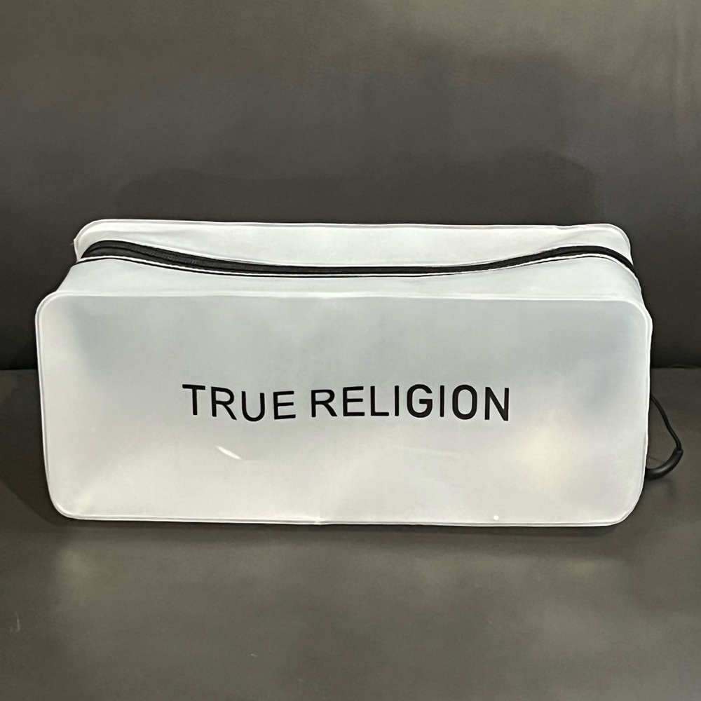 New authentic True Religion clear water resistant travel toiletry bag display